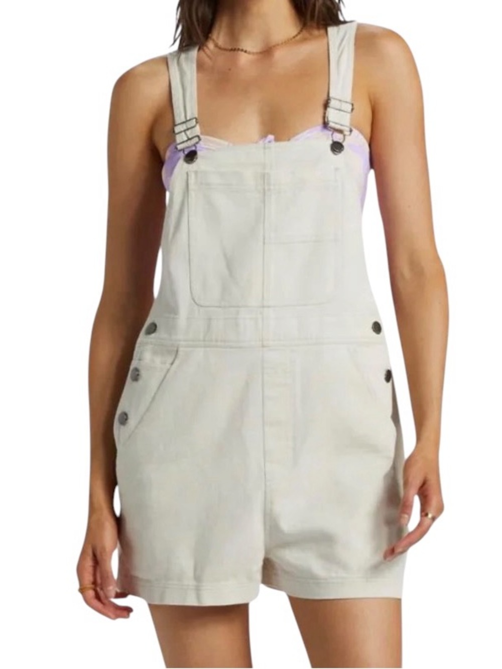 EUC Billabong Cream Denim Short Overalls Women's Medium Boho Summer Festival
